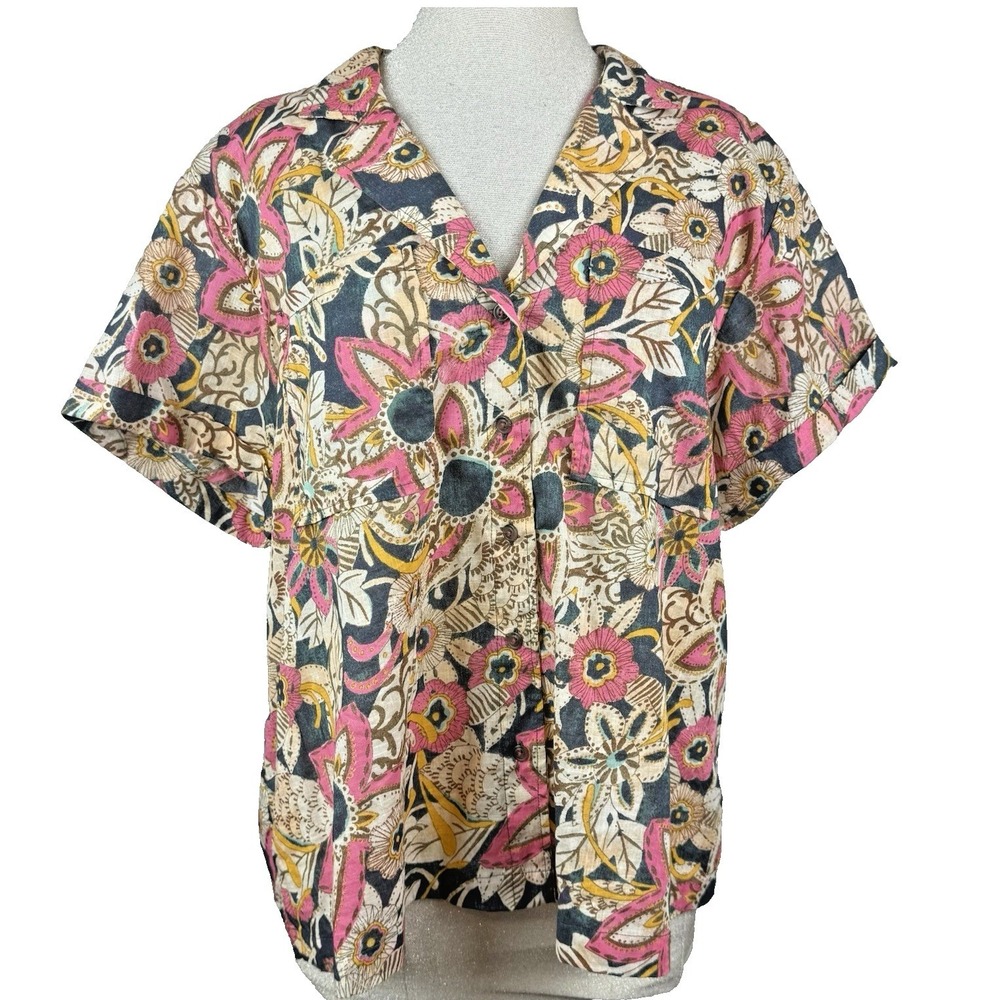 Anthropologie Pilcro Surf Shirt Women M Multicolor Floral Cotton Voile Blouse